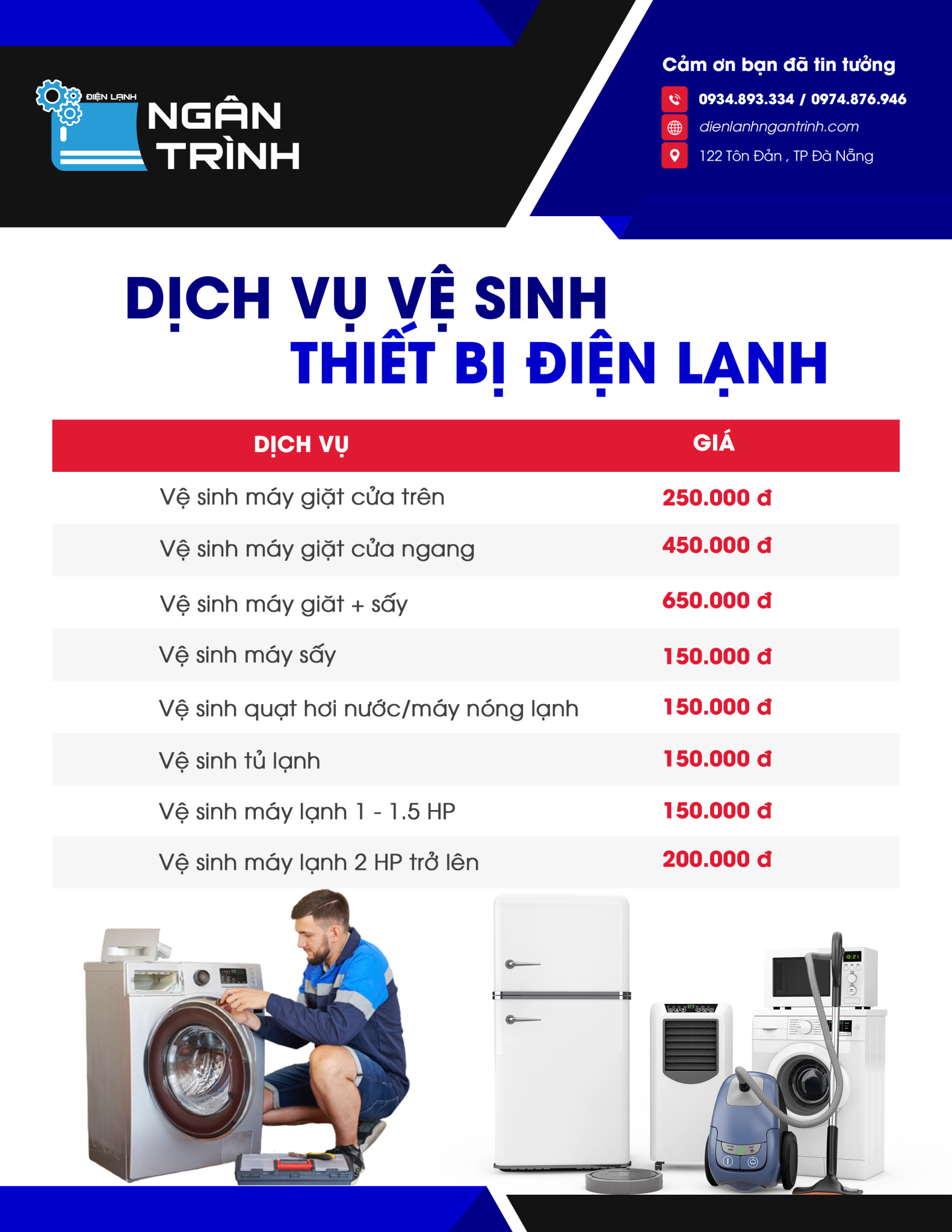 Bảng giá dịch vụ vệ sinh điện lạnh